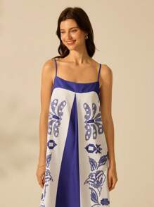 CAJUNI 1pc Women Floral Print A-Line Midi Cami Dress, Casual & Vacation Style - Blue and White - View 6