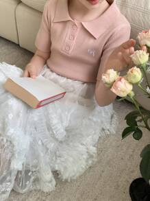 DAZY Tween Girls Turndown Collar Butterfly Embroidery Short Sleeve Sweater, Spring/Summer,Back To School Clothes - Pink - View 6