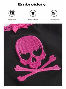ROMWE Kawaii Skull Embroidery Contrast Lace Bow Detail Cami Top - Black - View 3