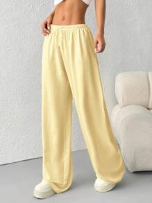 SHEIN EZwear 女士休闲纯色运动裤，适合夏季，奶油黄，适合毕业季、返校季、毕业典礼、教师节等场合。 - 黃色 - 查看 3