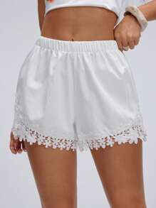 TRNVIE Shorts casuales de mujer de unicolor con cintura elástica y parches de encaje