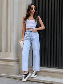 EURMUSE WOMEN HIGH WAIST MOM JEAN WITH BACK LABEL DETAIL CASUAL Women S Outfits Work Outfits For Women Summer Outfits For Women Women Summer Sets Woman S Summer Clothes Women S Clothes Women Clothing Y2k Women Jeans Plus Size - Light Wash - View 6