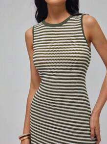 Roylia High-Elastic Dual-Color Openwork Knitted, Faux Knitted Openwork Striped Pattern, Fitted, Round Neck, Sleeveless, Tied Bowknot At Back, Contrast Tipping, Cutout At Back Collar, Super Oversized A-Line, Tank-Style, Waist-Cinched, Vacation, Festival, Casual, Elegant, Commute, Sexy, Minimalist, Romantic, Sweet, Bohemian Holiday, Long Maxi Dress For Women Spring/Summer Stripe Dresses For Women Striped Maxi Dress Summer Dress Vintage - Army Green - View 6