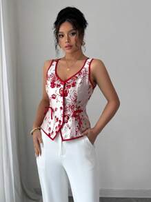 Elenzga Camisa con apertura frontal y detalle de lazo en tela de jacquard elegante - Rojo - Ver 4