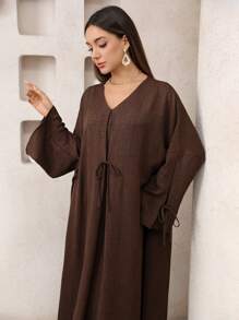 SHEIN Najma Coffee Color Tie Bow Cardigan, Fashionable For Summer, Modest Kaftan
