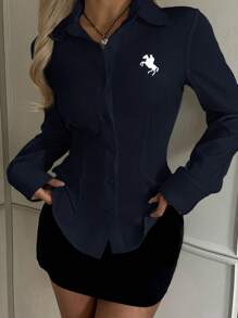 SHEIN EZwear Women's New Embroidery Decor Navy Blue Fitted Long Sleeve Shirt - Navy Blue - View 4