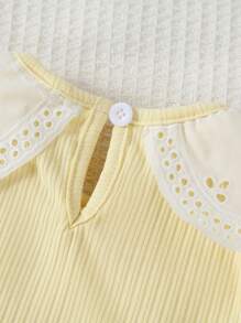 SHEIN Playful Pals 2pcs/Set Baby Girl Summer New Casual Outfit - Soft Solid Color Elastic Letter Rib Knit Ruffle Collar Short Sleeve Top + Flare Leg Pants - Apricot - View 3