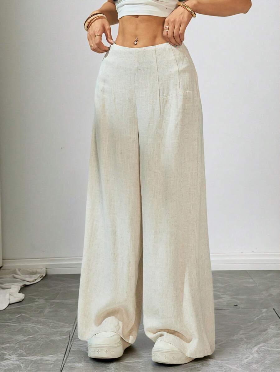 SHEIN PETITE Quần ống rộng vải lanh cạp cao thoải mái cho nữ, thích hợp mặc đi làm, đi làm, đi chơi, đi nghỉ, màu mơ - Màu be - Xem 1