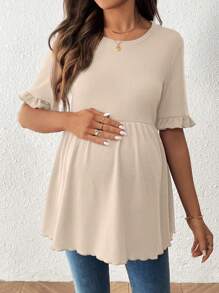 SHEIN Round Neck Ruffle Solid Color Casual Short Sleeve Nursing Top, Summer,Maternity Clothes,Maternity Clothes - Apricot - View 6