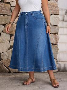 EMERY ROSE Plus Size Denim Casual Holiday Skirt, Spring - Dark Wash - View 3