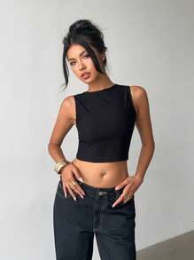 Aloruh Women's Summer Casual Solid Color Tie-Backless Cropped Tank Top - Black - View 5