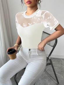 Elenzga Damen Lässig Elegant Sexy Kurzarm Shirt, Rundhalsausschnitt vorne, Netzstoff Ärmel, Stickerei, anliegende Passform, dehnbarer Strick Stoff, Frühling/Sommer - Aprikosenfarben - Übersicht 4