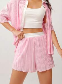 WESTFADE 西部双色褶皱缎面中腰休闲牛仔短裤春夏纳什维尔度假风 - 粉色 - 查看 3