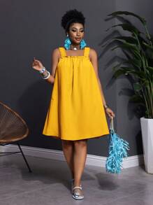 Slaydiva 大码无袖纯色休闲度假连衣裙 - 黃色 - 查看 6