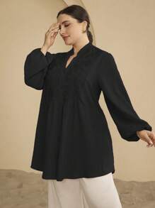 Graceveil Women Plus Size Stand Collar Embroidered Patchwork Textured Long Sleeve Casual Shirt Fall Cloth For Women - Black - View 7