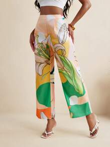 ISELACOS 热带花卉印花缎面中腰直筒裤女夏季休闲裤度假 - 彩色 - 查看 3