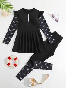 SHEIN Tween Girls Tankinis - White Bow Print & Solid Black 2pcs Set, Long Sleeve Cropped Tankini Top & Long Pants, Casual & Fashionable, Suitable For Vacation & Swimming