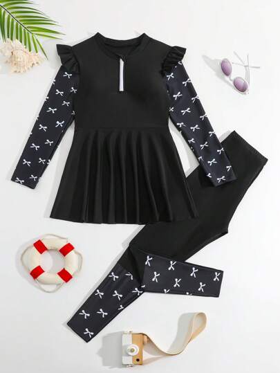 SHEIN Tween Girls Tankinis - White Bow Print & Solid Black 2pcs Set, Long Sleeve Cropped Tankini Top & Long Pants, Casual & Fashionable, Suitable For Vacation & Swimming
