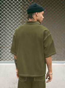 AXEPEAK 男士短袖休闲衬衫，适合夏季，街头风 - 軍綠色 - 查看 2