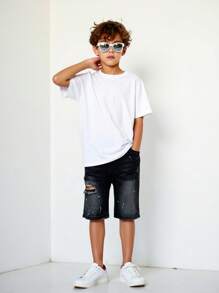 Denimly Boys' Outdoor Street-Style Fashion Versatile Casual Denim Shorts With Elastic Waist, Zipper, Distressed Holes, Acid Wash - Black - View 5