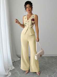 Elenzga Elegant Waist Cinched Mesh Embroidered Sleeveless Top And Pants Set, Cream Yellow, Suitable For Vacation And Commute