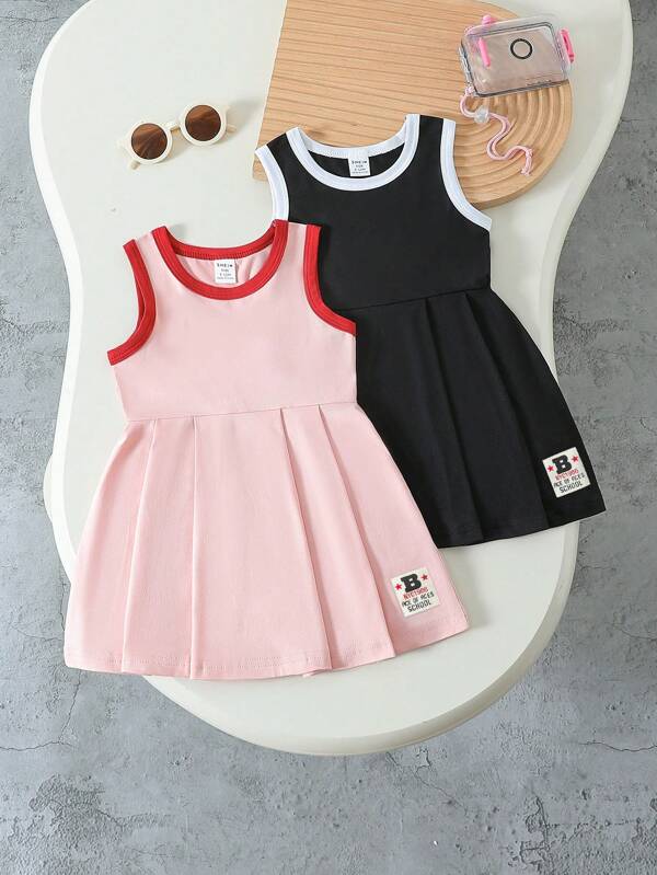 2pcs Baby Girls Casual Contrast Color Vest And Dress Set, Spring/Summer Baby Girl Summer Dresses Plain Kids Dresses For Baby