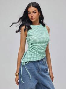 Elin Vora Top asimétrico de tirantes con fruncido y cordón para adelgazar, verano para mujer - Verde - Ver 5