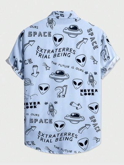 Prep Camisa casual de manga corta con botones y estampado alienígena para hombre, de verano