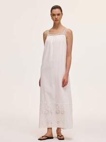 Chiquease Abito ampio a tinta unita retrò francese con ricami cavi, spalline a spaghetti e lacci sulla schiena, stile rilassato e nostalgico adatto per vacanze e tempo libero - Bianco - Visualizzare 6
