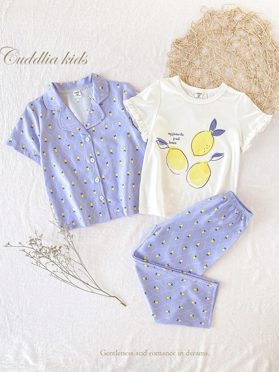 3pcs Girls Striped Lemon Print Graphic T-Shirt, Cardigan & Pants Sets, Casual Home Outfits S Pajamas Set Pajamas Sets - Multicolor - View 1