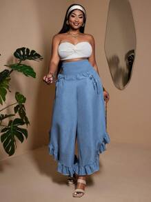 Maweii Pantalones informales casuales de talla grande con decoración de lazo y dobladillo con volantes