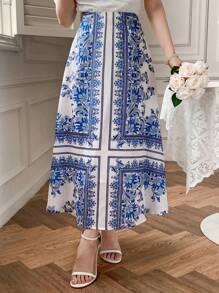 DAZY Gonna midi elegante da donna con motivo in porcellana blu e bianca, stile boho estivo - Blu - Visualizzare 3