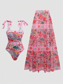 Swim Oasis 加大码 2 件热带植物印花连体泳衣和长款荷叶边下摆沙滩裙套装，高端女士夏季波西米亚海滩度假泳装