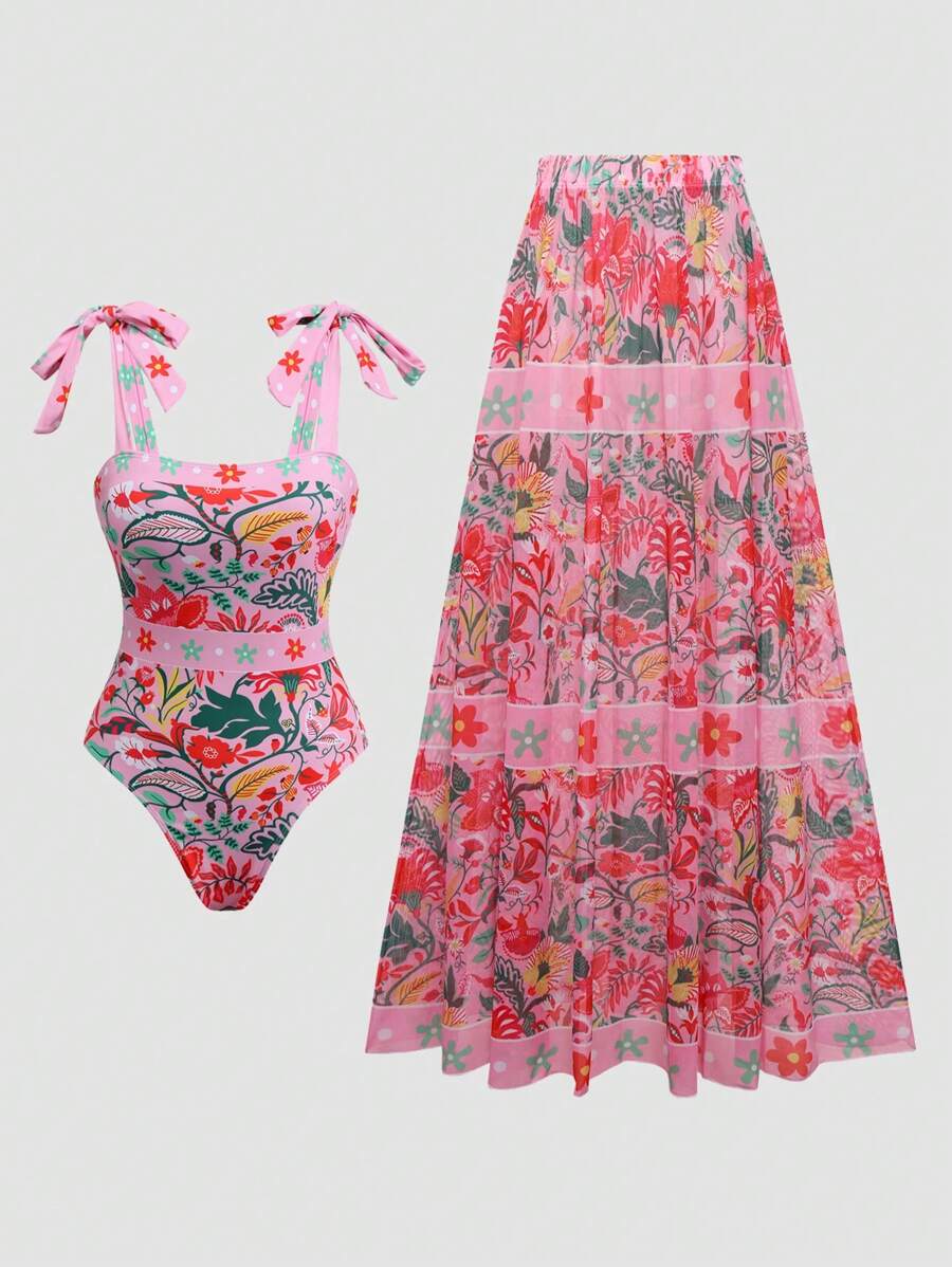 Swim Oasis 加大码 2 件热带植物印花连体泳衣和长款荷叶边下摆沙滩裙套装，高端女士夏季波西米亚海滩度假泳装