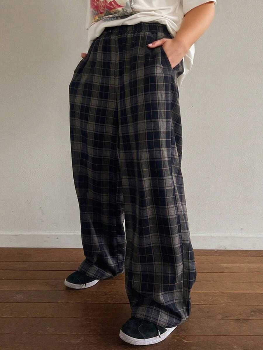 Dazy Plus Quần ống đứng kẻ caro rộng rãi phong cách đường phố thường ngày cho nữ cỡ lớn - màu đen - Xem 1