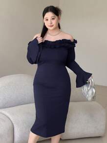 Modelyn Plus Size Elegant Off Shoulder Ruffle Bell Sleeve Dress - Blue - View 6