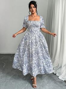 SHEIN LUNE 大码女式泡泡袖花卉印花休闲迷你连衣裙 - 藍白色 - 查看 3