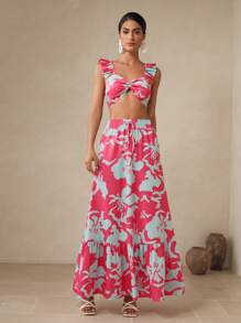 SHEIN Swim 2件套休闲优雅花卉印花短款上衣和荷叶边下摆半身裙套装