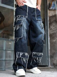 Manfinity LEGND Men's Casual Everyday Distressed Multi-Pocket Loose Denim Blue Jeans Hang Out Street College, Emo Style - Black - View 1