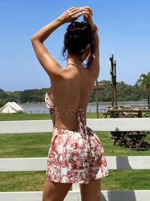 Muchica Printed Woven Women's Bandeau Jumpsuit, New Arrival Beach Vacation - Rust Brown - View 1