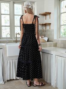 LanaWest Women Tie Up Patchwork Lace Hem A-Line Dress