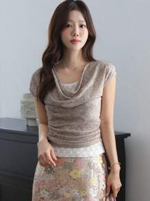 DAZY maglietta elegante da donna per vacanza, collo a barca, in chiffon e pizzo, slim fit