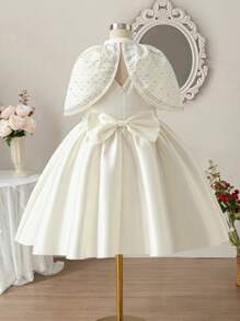 SHEIN 青少年女孩优雅圆领无袖后背 V 领蝴蝶结装饰水晶连衣裙（带披肩）2 件套 - 米色 - 查看 8