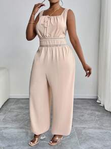 SHEIN PETITE CURVE Plus Size Khaki Casual Cropped Jumpsuit With Shirred Details And Square Neckline Lace Trim - Khaki - View 7