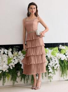 MOTF Soiréza VÁY DẠ HỘI TẬP HỢP VIỀN NGỌC TRAI GIẢ - Bụi hồng - Xem 5