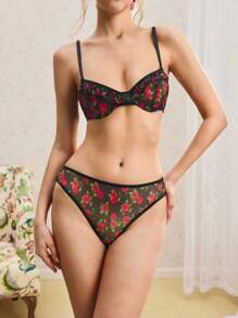 Bộ đồ lót ren gợi cảm họa tiết hoa hồng dành cho nữ - màu đen - Xem 5