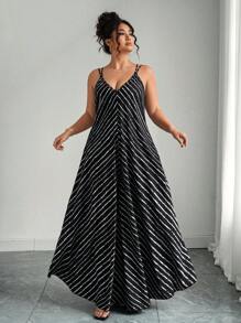 Elenzga 加大码条纹阔腿连体裤，时尚休闲宽松度假风，性感细肩带，女款 - 黑與白 - 查看 7