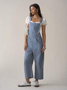 Easelle Women's Casual Blue & White Striped Cropped Jumpsuit, Spring/Summer - Blue and White - View 5