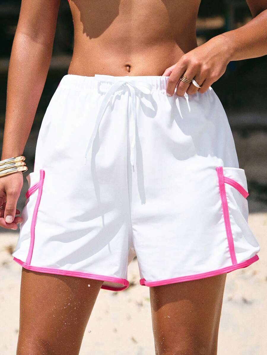Swim Mod Women's Drawstring Waist Casual Beach Shorts, Pink For Summer Beach Vacation - White - View 1