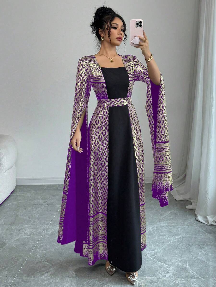 Chiquease 时尚优雅方领泡泡袖金箔花卉印花长裙，春夏 - 紫色 - 查看 1